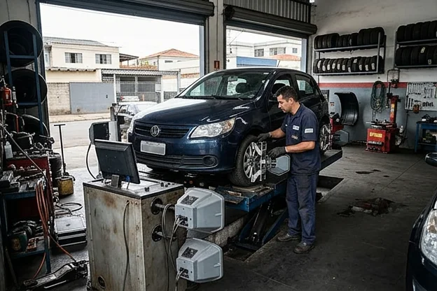 Equipamento de alinhamento de rodas sendo usado em uma borracharia.