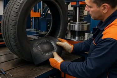 Técnico fazendo vulcanização de um pneu em uma borracharia.