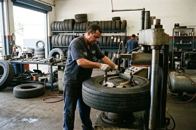 Técnico fazendo vulcanização em um pneu na borracharia.