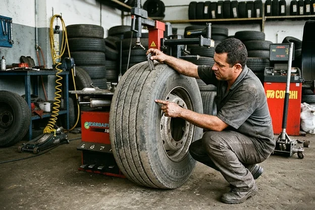 Técnico inspecionando condições de pneus em uma borracharia.