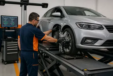 Técnico realizando alinhamento de rodas de um carro em uma borracharia.
