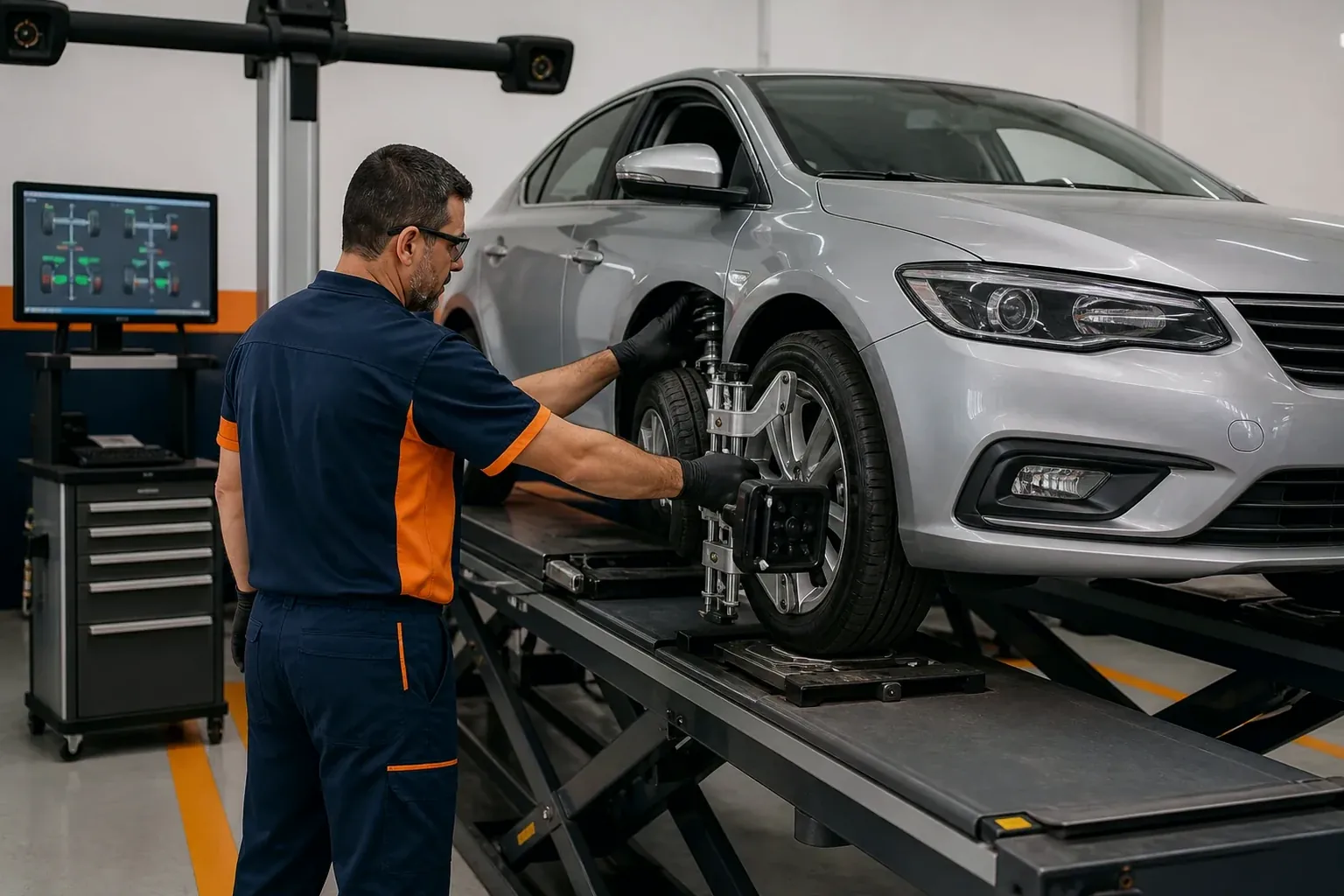 Técnico realizando alinhamento de rodas de um carro em uma borracharia.
