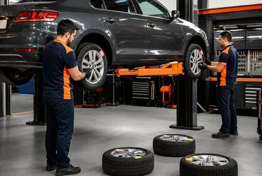 Técnico realizando rodízio de pneus de um carro em uma borracharia.