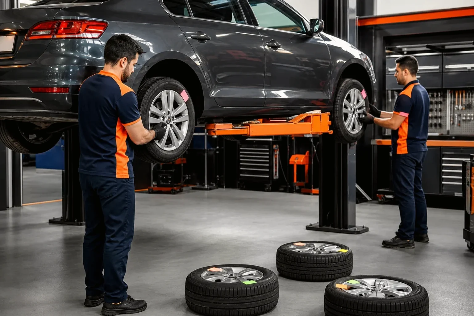 Técnico realizando rodízio de pneus de um carro em uma borracharia.